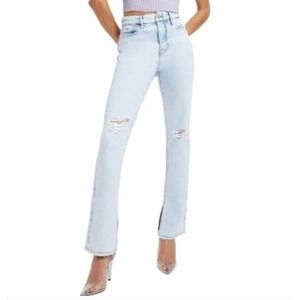 Good American Good Boy Straight Leg Jeans 6/28 Distressed Light Hem Slit GB062T